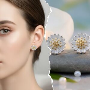 Solid S925 Sterling Silver Daisy Delights Dainty Minimalist Stud Earrings